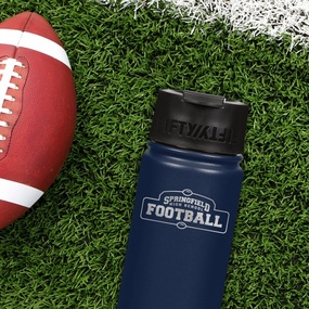 16 oz water bottle on field with football logo