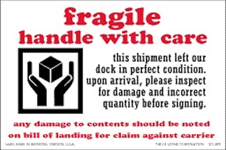 Fragile, Damage Claim Warning Paper Labels Red, Black & Red  Label Size: 4" x 6" QTY: 1000 