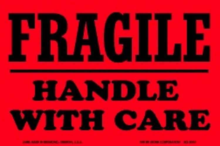 Fragile Handle With Care Matte Paper Labels  Flluorescent Red Label Size: 3" x 4" QTY: 1000 