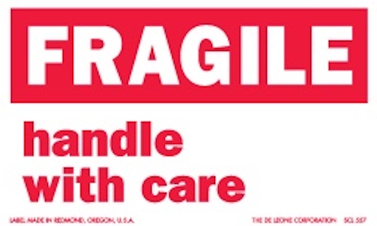 Fragile Handle With Care Paper Labels  Red and White  Label Size: 3" x 5"  QTY: 1000 