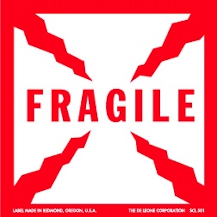 Fragile  Military Standard Paper Labels Red and White  Label Size: 4" x 4" QTY: 1000 