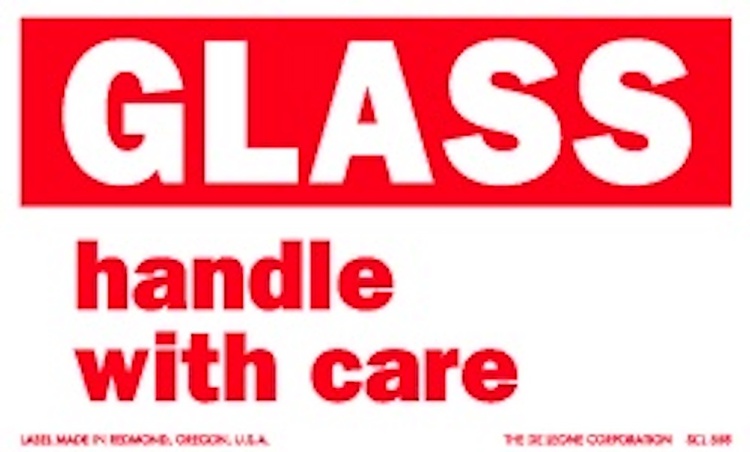 Glass Handle With Care  Paper Labels Red & White Label Size: 3" x 5"  QTY: 1000 