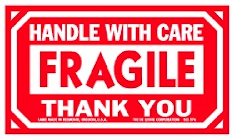 Handle With Care Fragile Paper Labels Red and White  Label Size: 3" x 5" QTY: 1000 