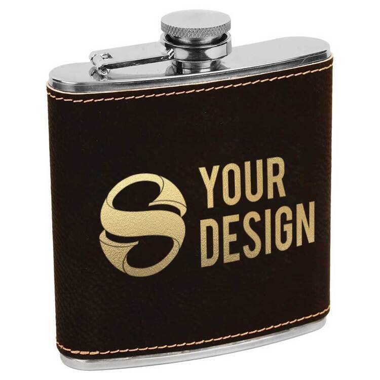 Leatherette flask with logo engraved on it 