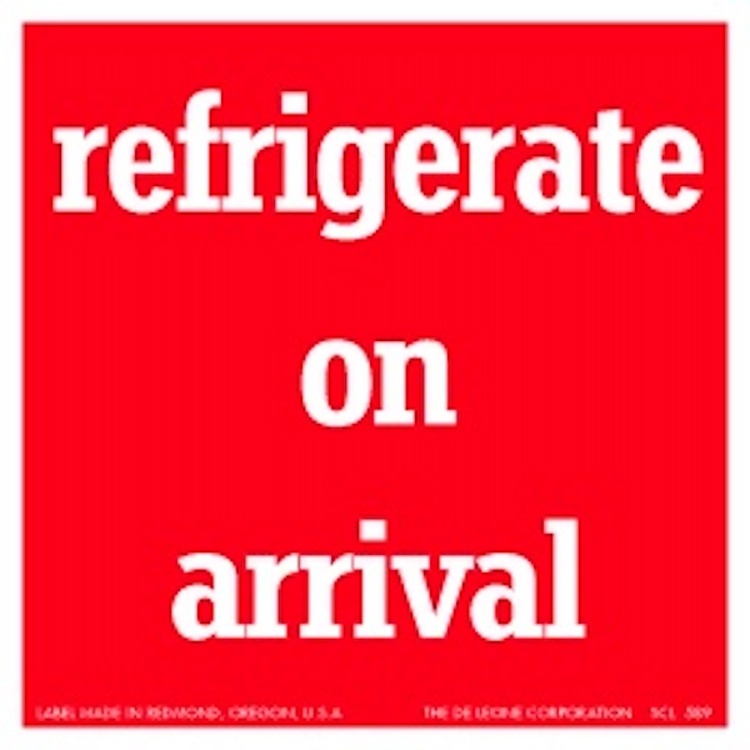 Refrigerate On Arrival  Paper Labels Red & White Label Size: 4" x 4"  QTY: 1000 