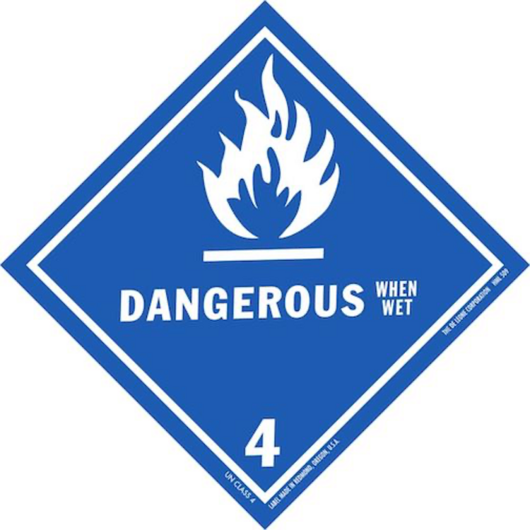 Dangerous When Wet Class 4  HazMat Paper Labels Blue & White Size: 4" x 4" QTY: 1000 