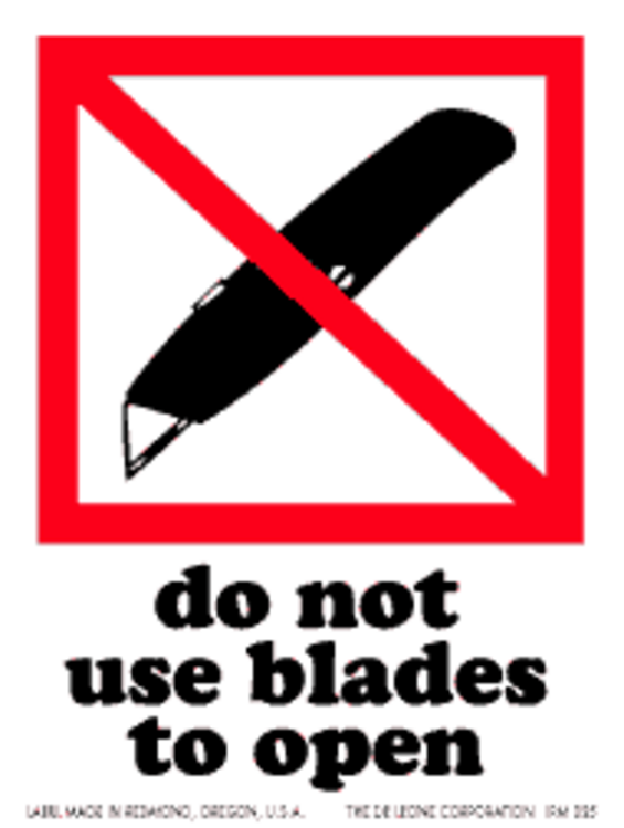 Do Not Use Blades to Open Paper Labels Red, White & Black Label Size: 3" x 4"  QTY: 1000 