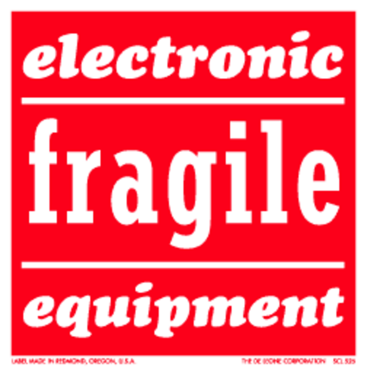 Electronic Equipment Fragile Paper Labels Red & White Label Size: 4" x 4" QTY: 1000 