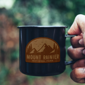 Engraved wood sticker on camping mug