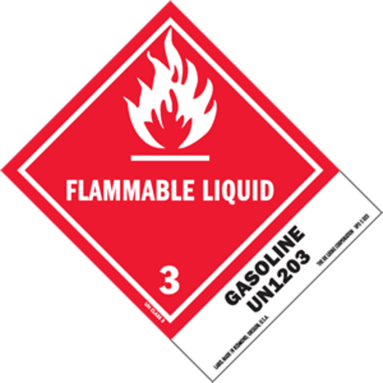 Flammable Liquid - Gasoline  Class 3 Hazardous Materials Paper Labels Red, White, and Black Size: 5" x 4" QTY: 1000 