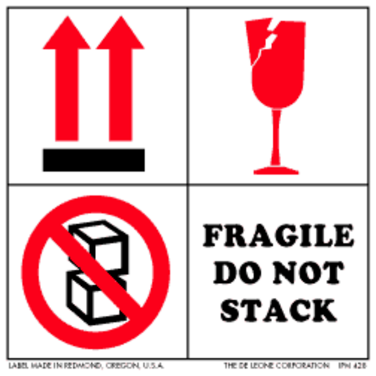 Fragile Do Not Stack Paper Labels Red, Black & White Label Size: 4" x 4" QTY: 1000 