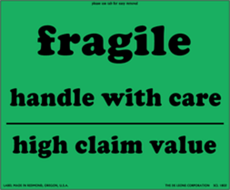 Fragile High Claim Value Matte Paper Labels Fluorescent Green Label Size: 8" x 10" QTY: 1000 