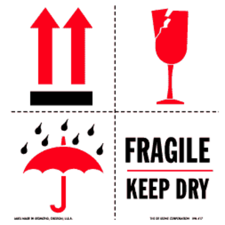 Fragile Keep Dry Paper Labels Red, Black & White Label Size: 4" x 4" QTY: 1000 