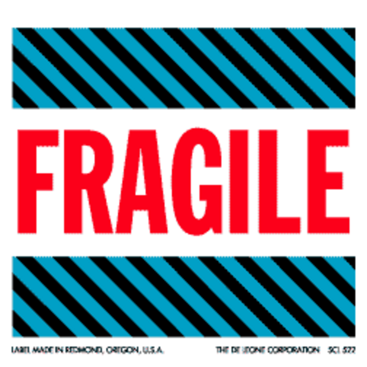 Fragile  Paper Labels Blue, Red, Black & White Label Size: 4" x 4" QTY: 1000 