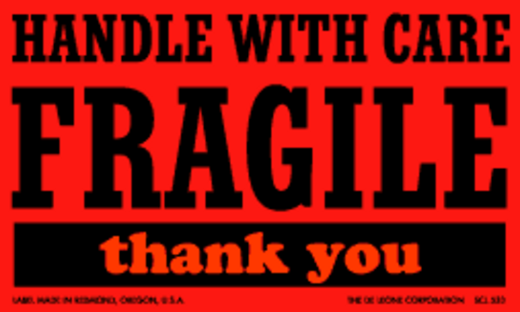 Handle With Care Fragile  Matte Paper Labels Fluorescent Red Label Size: 3" x 5" QTY: 1000 