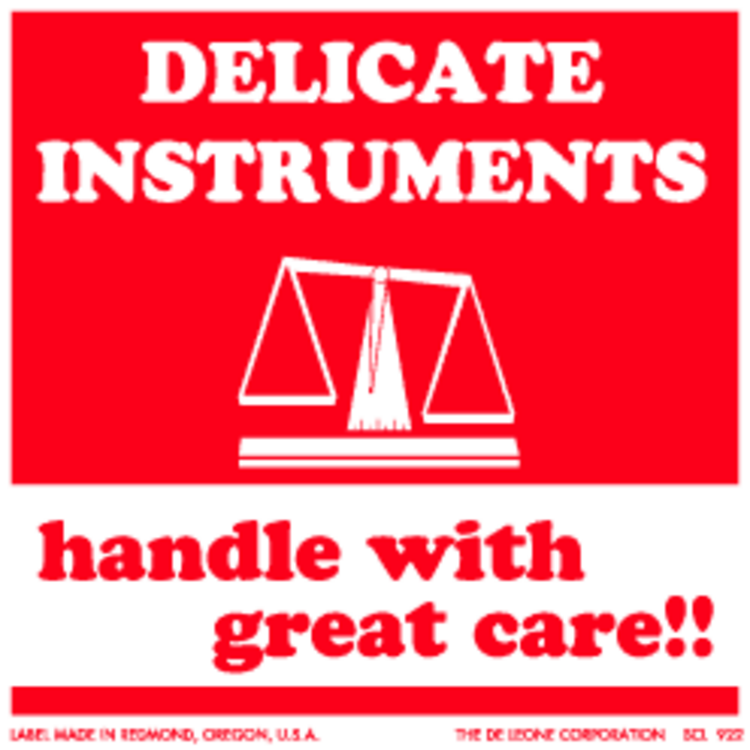 Delicate Instruments Handle With Great Care Paper Labels Red & White Label Size: 4" x 4"  QTY: 1000 