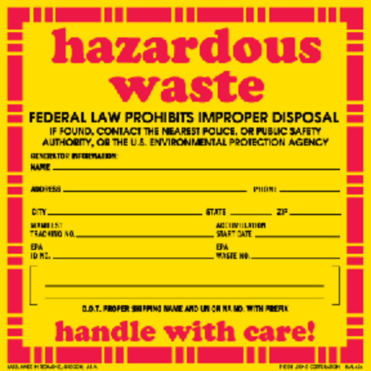 Hazardous Waste - Federal Law - Vinyl Labels 