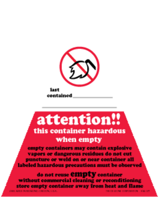 Hazardous When Empty Special Handling Vinyl Labels Red, White & Black Label Size: 2.5" x 4" x 4" QTY: 1000 