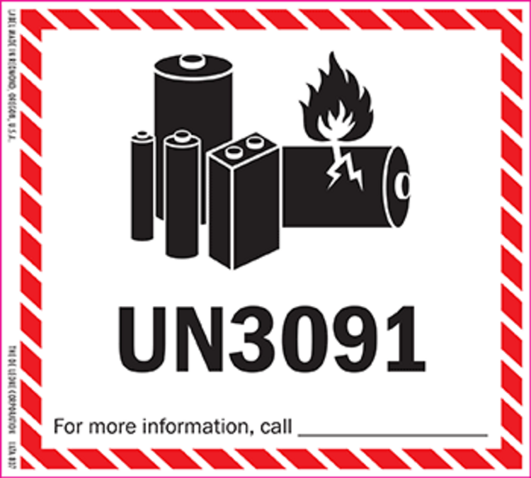 Lithium Battery Handling - UN 3091 Paper Labels Red, White & Black Label Size: 4.5" x 5" QTY: 1000 