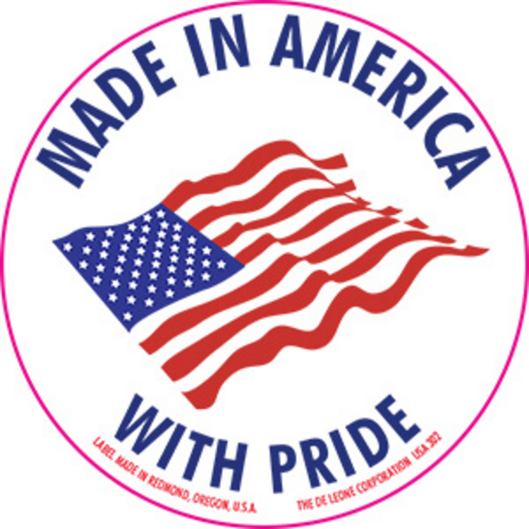 Made in America with  Pride Labels Red, White & Blue Label Size: 2" Diameter QTY: 1000 