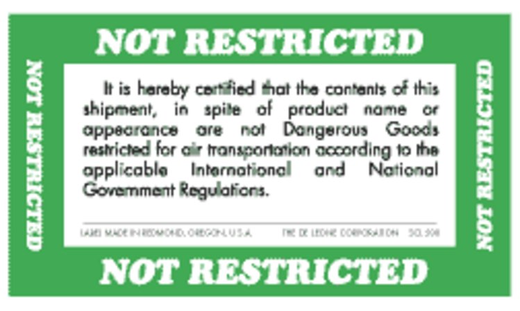 Not Restriced Goods  Paper Labels Green & White Label Size: 3" x 5"  QTY: 1000 