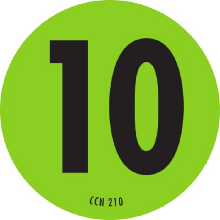 Number 10 Circle Labels Fluorescent Green & Black Label Size: 2" Diameter QTY: 1000 