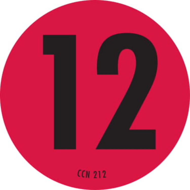 Number 12 Circle Labels Fluorescent Red & Black Label Size: 2" Diameter QTY: 1000 