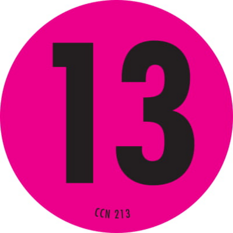 Number 13 Circle Labels Fluorescent Pink & Black Label Size: 2" Diameter QTY: 1000 