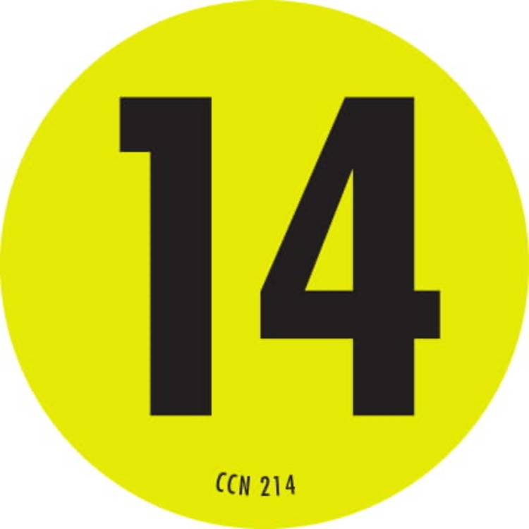 Number 14 Circle Labels Fluorescent Chartreuse & Black  Label Size: 2" Diameter QTY: 1000 