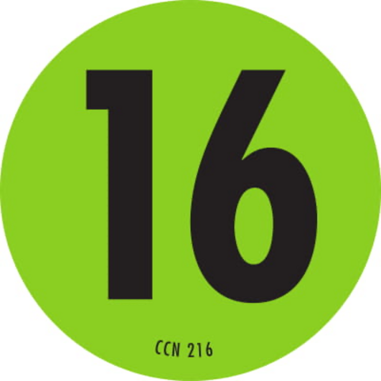 Number 16 Circle Labels Fluorescent Green & Black Label Size: 2" Diameter QTY: 1000 