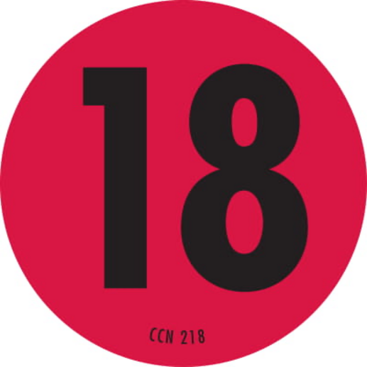 Number 18 Circle Labels Fluorescent Red & Black Label Size: 2" Diameter QTY: 1000 