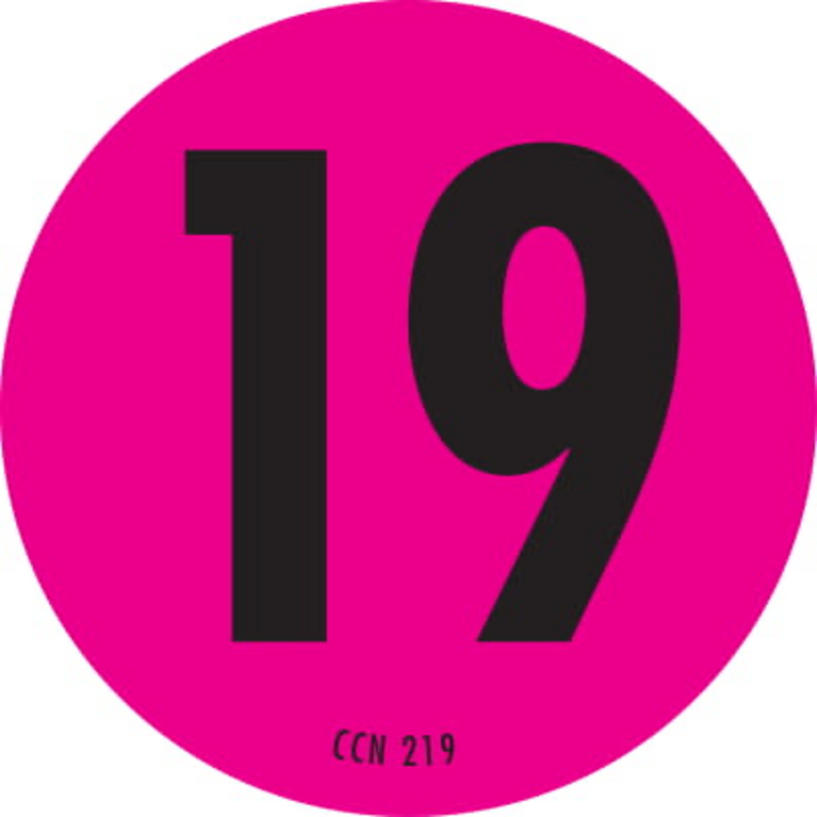 Number 19 Circle Labels Fluorescent Pink & Black Label Size: 2" Diameter QTY: 1000 