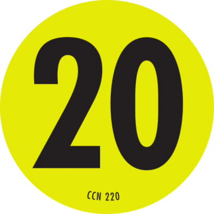 Number 20 Circle Labels Fluorescent Chartreuse Label Size: 2" Diameter QTY: 1000 