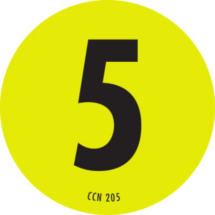 Number 5 Circle Labels Fluorescent Chartreuse & Black Label Size: 2" Diameter QTY: 1000 