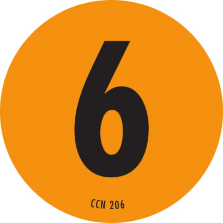 Number 6 Circle Labels Fluorescent Orange & Black Label Size: 2" Diameter QTY: 1000 