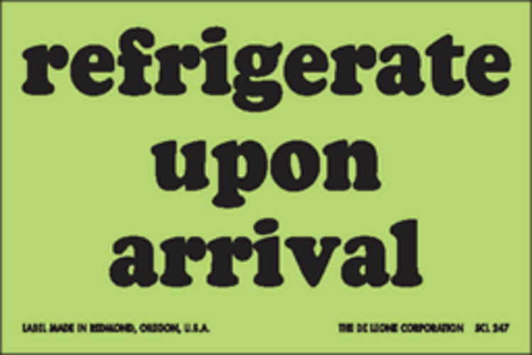 Refrigerate Upon Arrival  Paper Labels  Fluorescent Green  Label Size: 3" x 5"  QTY: 1000 