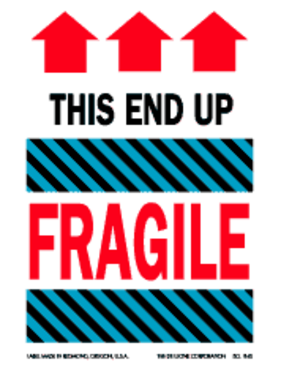 This End Up Fragile  Paper Labels Blue, Red & Black Label Size: 4" x 6" QTY: 1000 