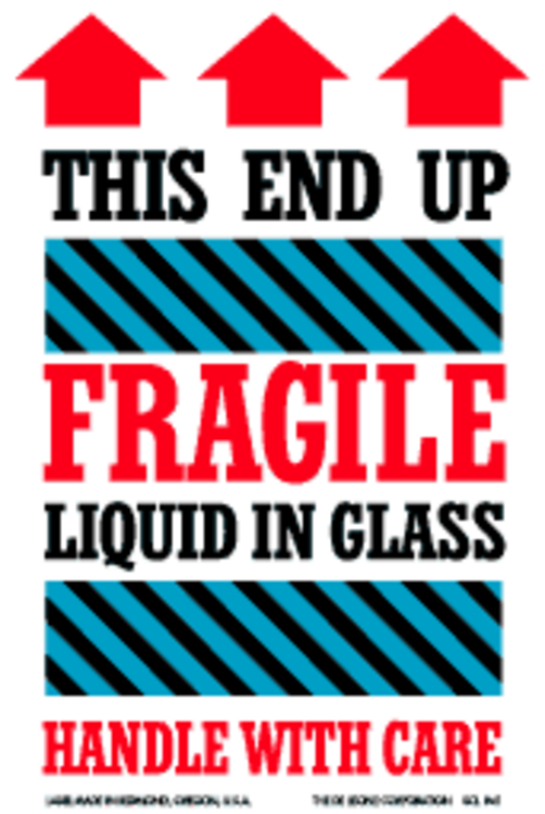 This End Up,Liquid in Glass Paper Labels Blue, Red & Black  Label Size: 4" x 6" QTY: 1000 