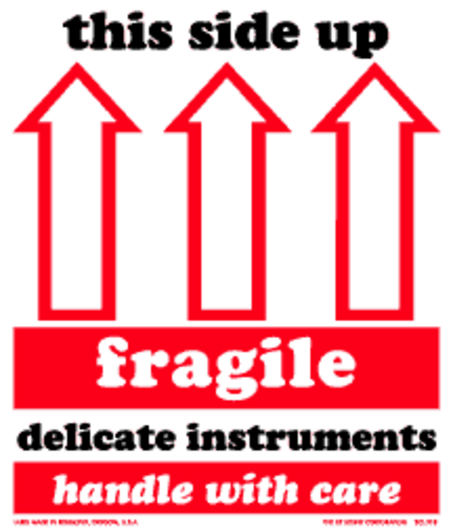 This Side Up, Delicate Instruments Paper Labels Red, Black & White Label Size: 4" x 4.5" QTY: 1000 